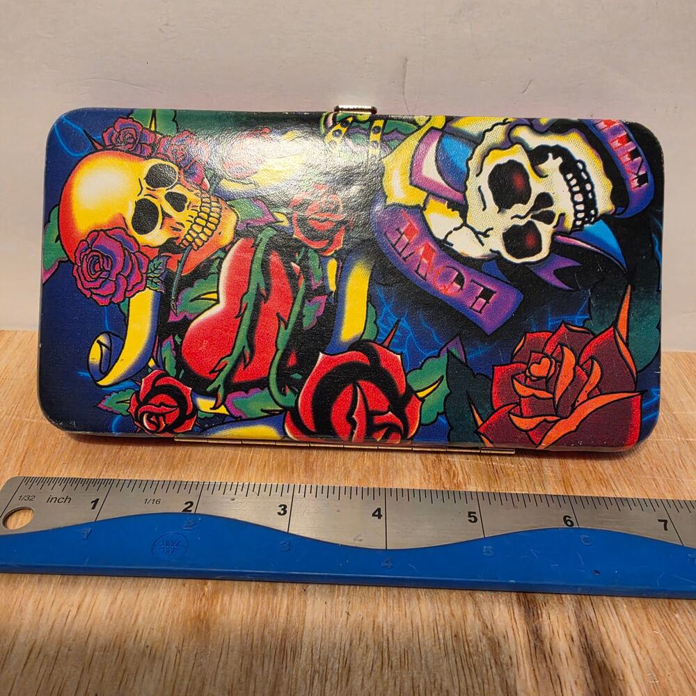 Skull and Roses print metal clutch wallet vibrant tattoo graphic design
